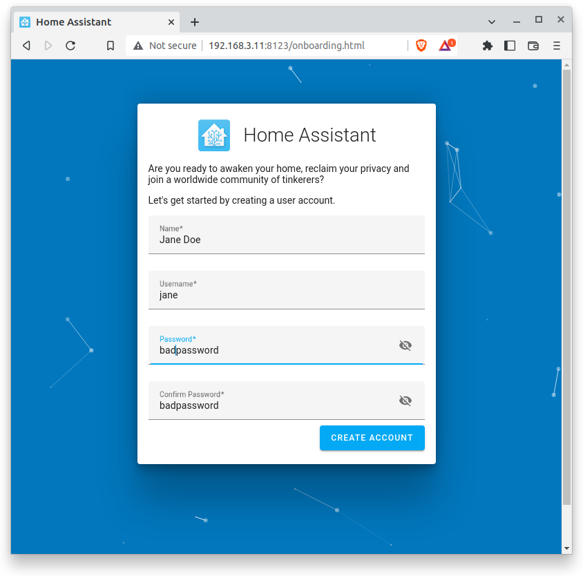 image of  homeassistant creating username