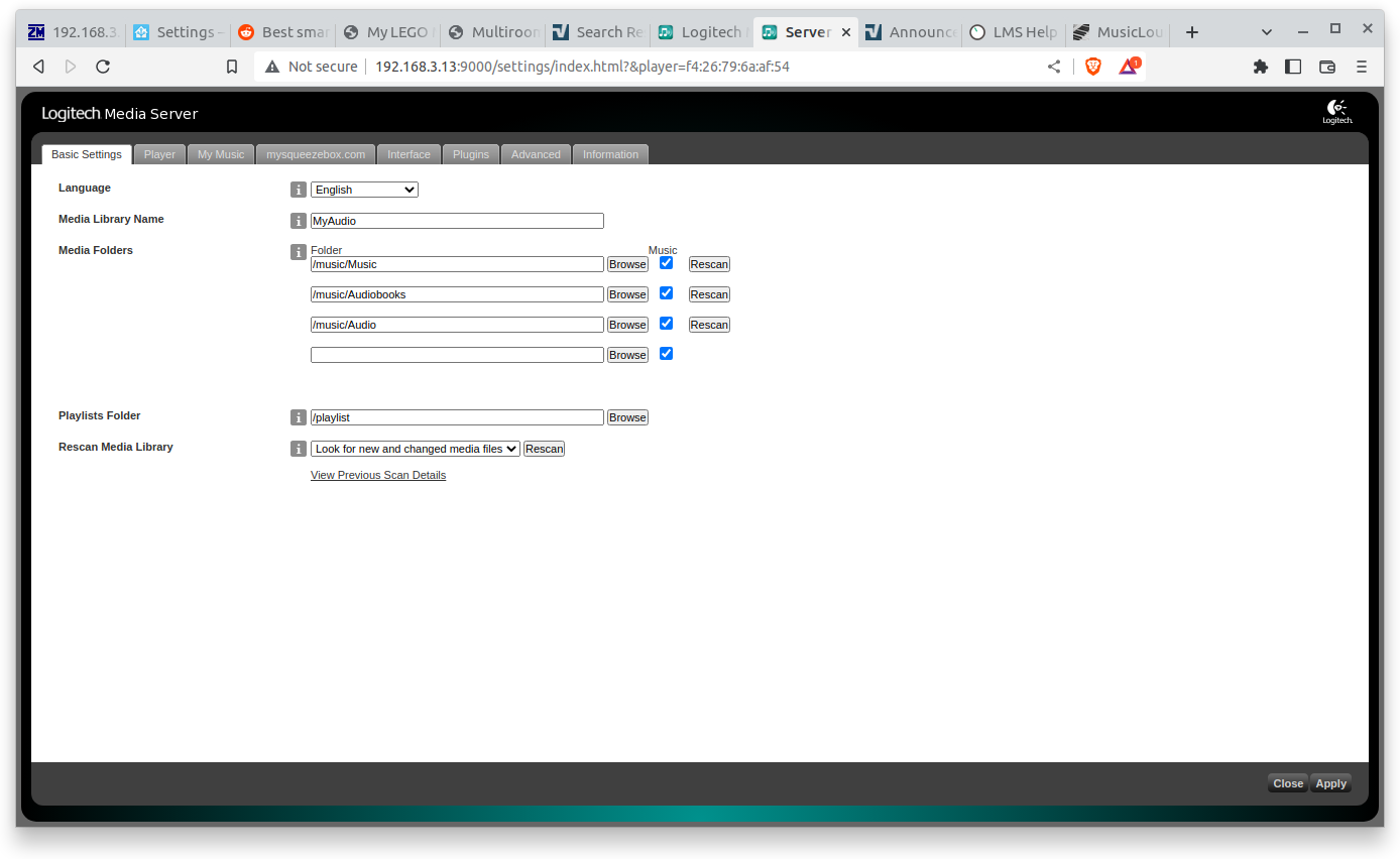 image of LMS settings that point to your music or other audio files