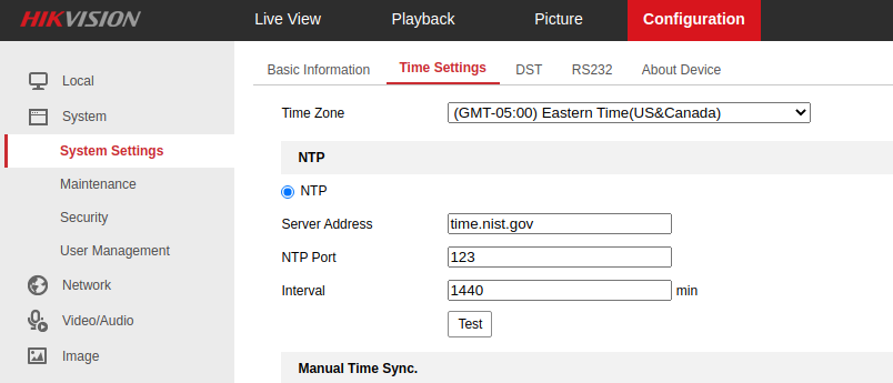 image of the time settings on the hikvision camera