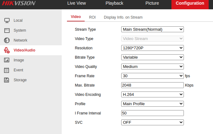 image on the audio/video configs for the hikvision camera