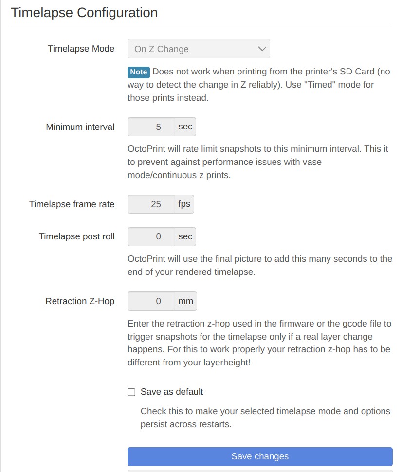 Octoprint timelapse settings
